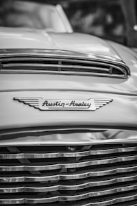 A black and white close-up of an Austin Healey car, focusing on its front grille and emblem that displays the brand's name. The grille features horizontal slats, and the emblem is prominently positioned with a winged design.