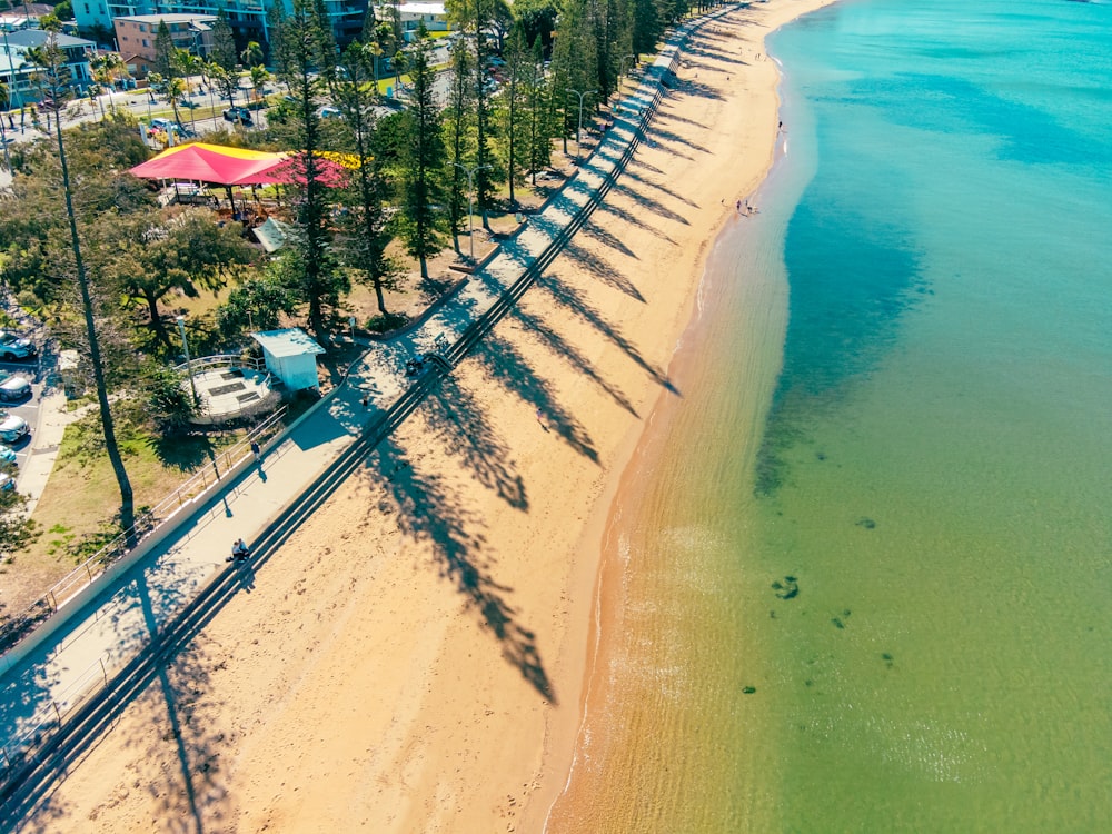 an aerial view of a beach and the ocean