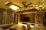 Modern living room with smart lighting and automated curtains.