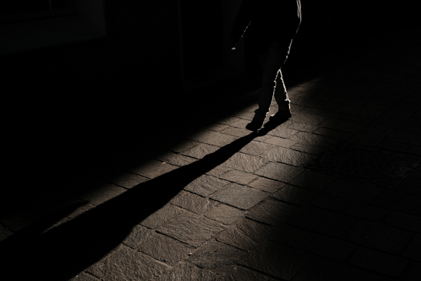 A shadowy silhouette of a lone figure walking along a cobblestone street at dusk, evoking past lives.