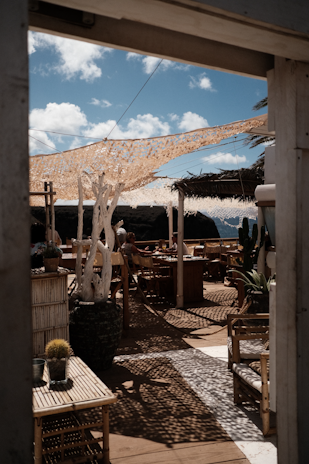 An outdoor seating area with wooden furniture and potted plants is set beneath a woven canopy providing shade. The scene includes tables and chairs made of natural materials, a large potted plant with white branches, and a few people relaxing and enjoying the ambiance. The area is bathed in sunlight and is surrounded by a scenic view of distant hills and a bright blue sky peppered with fluffy clouds.