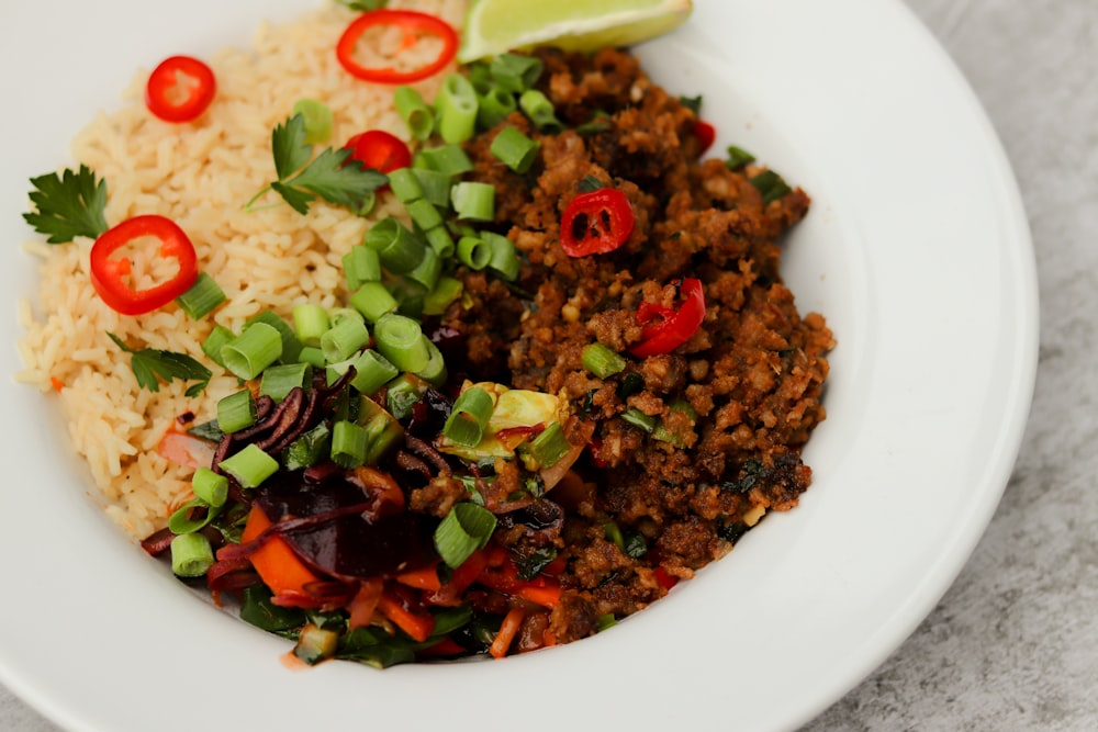 un plato blanco cubierto con carne y arroz