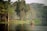A serene lake surrounded by lush greenery with several trees lining the shore. In the middle of the lake, a small group of people wearing helmets and safety vests navigate a makeshift raft using long poles. Birds can be seen in the sky, adding to the tranquil and natural setting.