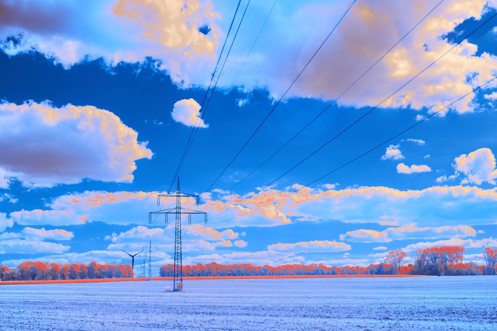 a large field with power lines in the background