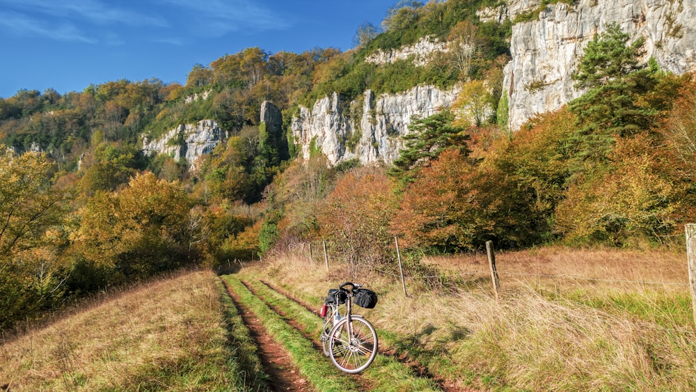 a bike is parked on the side of a trail