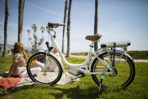 A vibrant green electric bicycle resting near a sunny palm-lined boulevard.