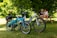 Two EVELO branded electric bikes are parked on a grassy area under the shade of trees. A couple is sitting on a picnic bench in the background, creating a relaxed and peaceful atmosphere. The scene suggests a leisurely outdoor setting, ideal for biking and enjoying nature.