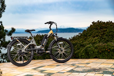 A sleek electric bike parked by a scenic riverside trail at sunset.