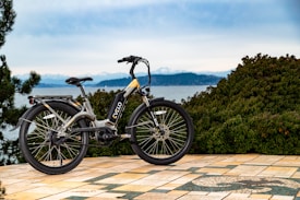 A sleek electric bike rests on a tiled patio, surrounded by lush green shrubs. The background features a scenic view of a body of water and distant mountains under a cloudy sky.