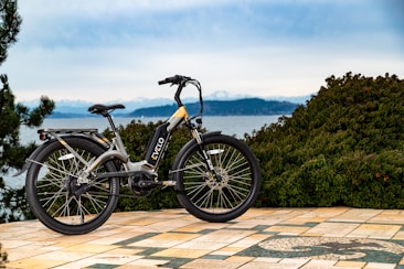 A sleek electric bike rests on a tiled patio, surrounded by lush green shrubs. The background features a scenic view of a body of water and distant mountains under a cloudy sky.