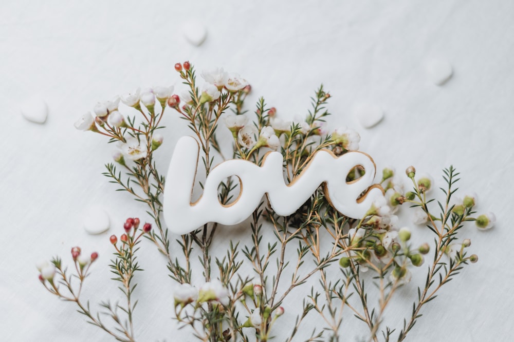 Das Wort Liebe mit Buchstaben umgeben von Blumen