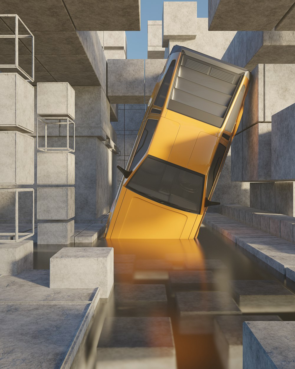 a car that is upside down in a building