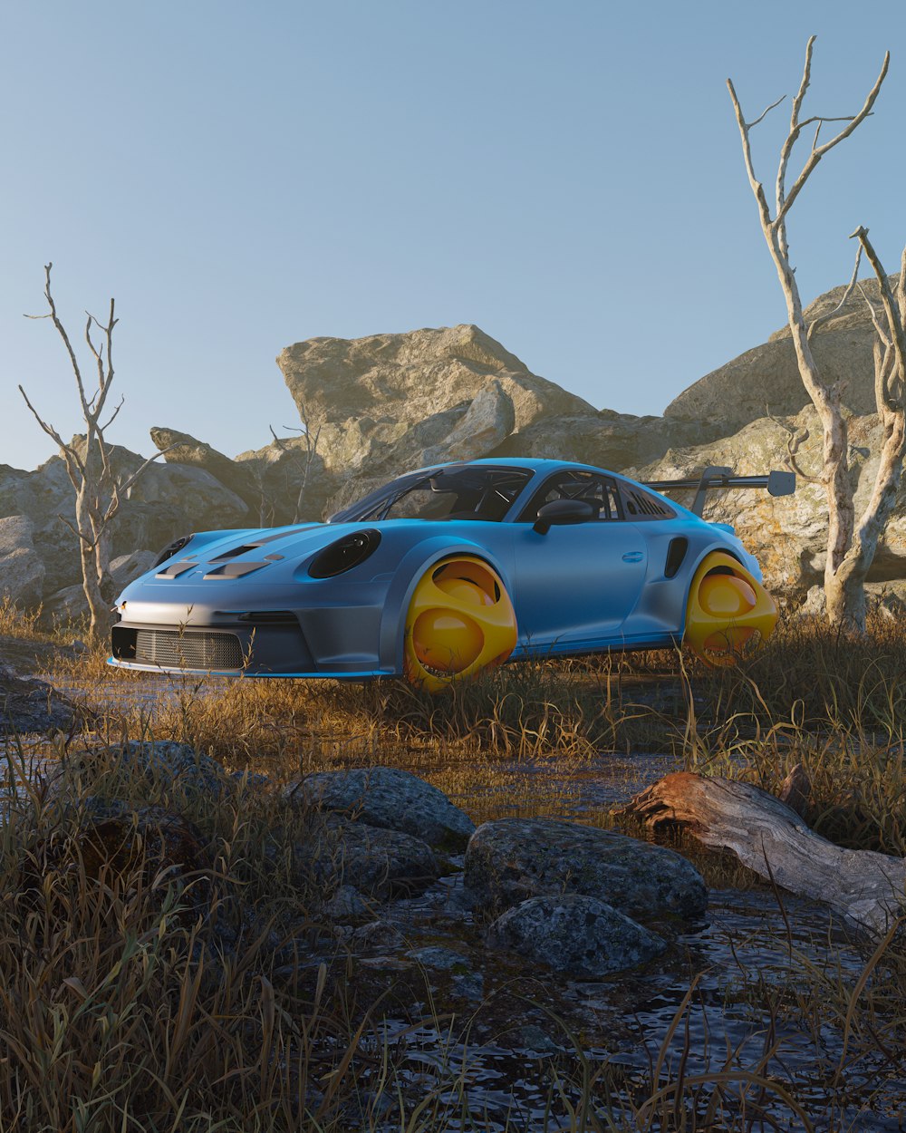 a blue sports car parked in a rocky area