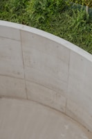 A smooth concrete driveway bordered by lush greenery and a stone retaining wall.