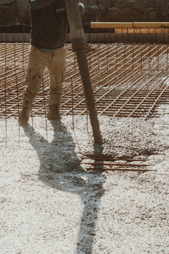 Worker pouring concrete over rebar for a custom slab