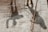 A shadow of a person standing over a grid of metal reinforcement bars on a construction site. The ground is covered with gravel, and the lighting creates strong shadows.