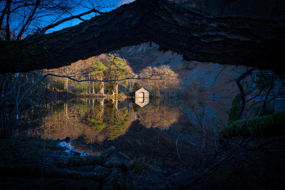 a reflection of a house in the water