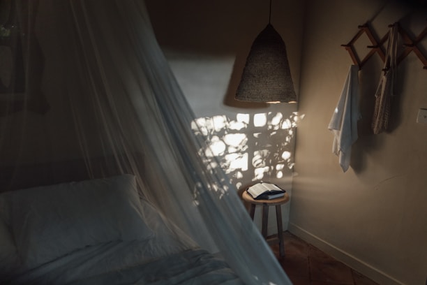 A cozy bedroom softly lit with a netique mosquito net draped over the bed.