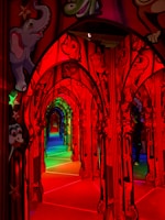 Bright yellow and golden themed school hallway decorated with student artwork.