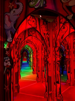 A vibrant school hallway decorated with student artwork and achievements.