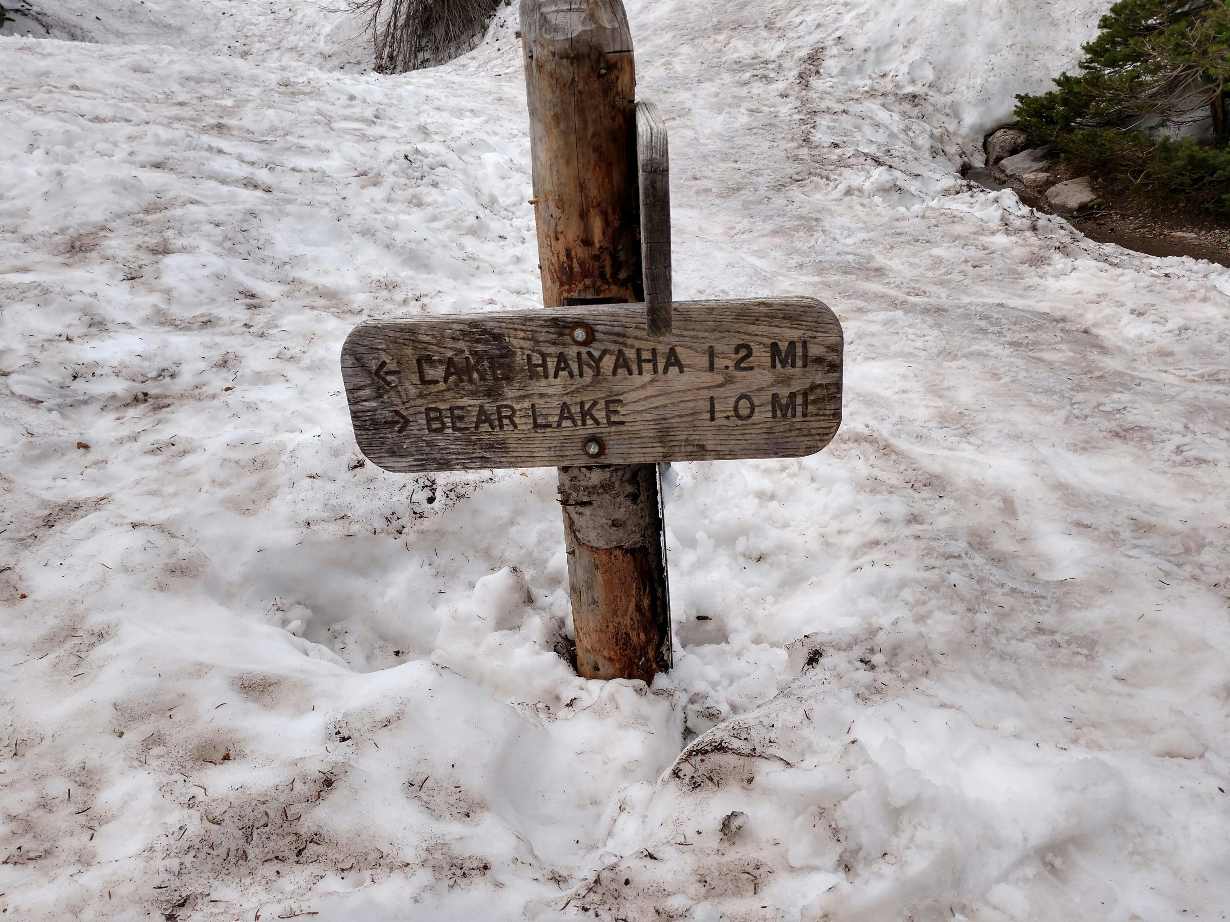 a wooden sign sitting on the side of a snow covered slope