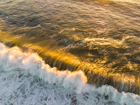 Golden sunlight glistens over the surface of gentle ocean waves. The water's movement is captured beautifully as waves crest with foamy white tops. The play of light creates a serene and warm atmosphere, accentuating the texture of the water.