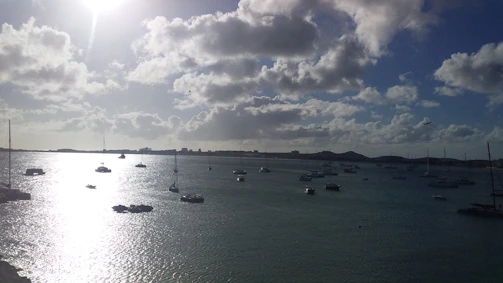 A wide view of a calm bay with sailboats resting near the shore.