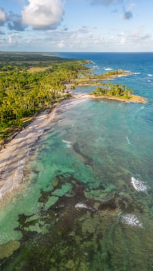 A breathtaking aerial view of a Caribbean coastline captured by a drone.