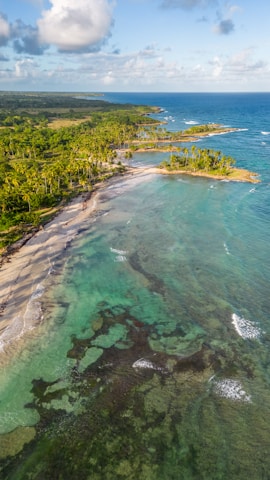 A breathtaking aerial view of a Caribbean coastline captured by a drone.