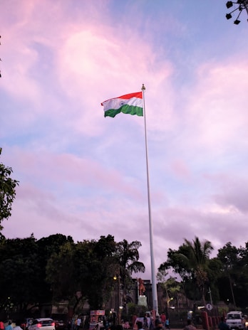 A tall flagpole prominently displays a large tri-colored flag with horizontal stripes of orange, white, and green, featuring a blue wheel in the center. The flag is set against a backdrop of a serene sky tinged with pastel pinks and purples. Below the flag, lush trees and a few people walking can be seen, creating a peaceful and proud atmosphere.