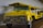 A vintage toy truck with a bright yellow paint job and metallic gray details is positioned on a wooden surface. The toy appears to be well-worn, showing signs of age and use.