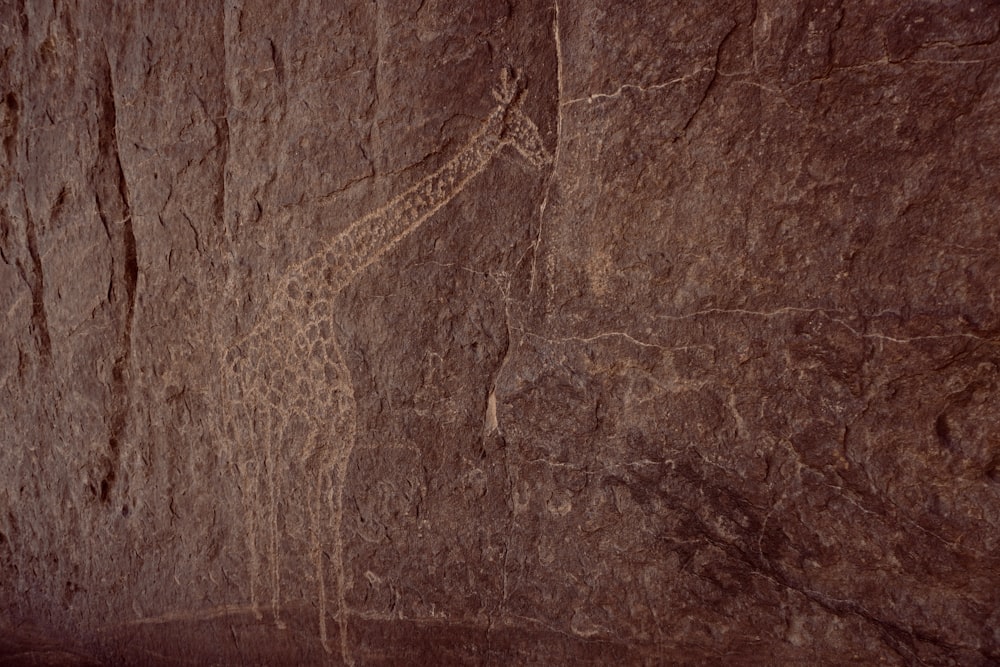 uma girafa é retratada em uma parede de rocha