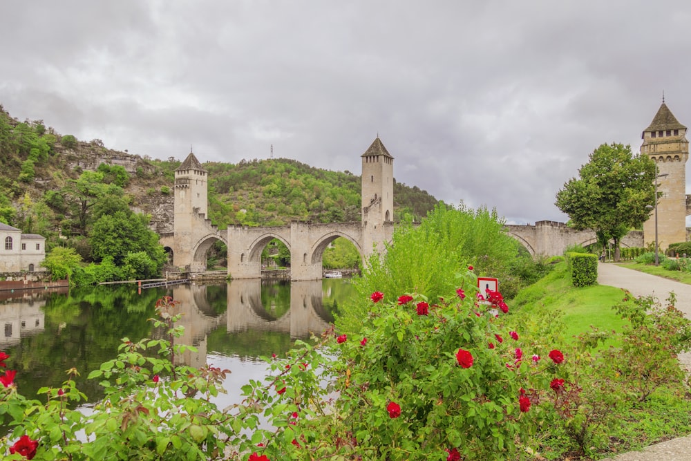 a bridge over a river with a castle in the background