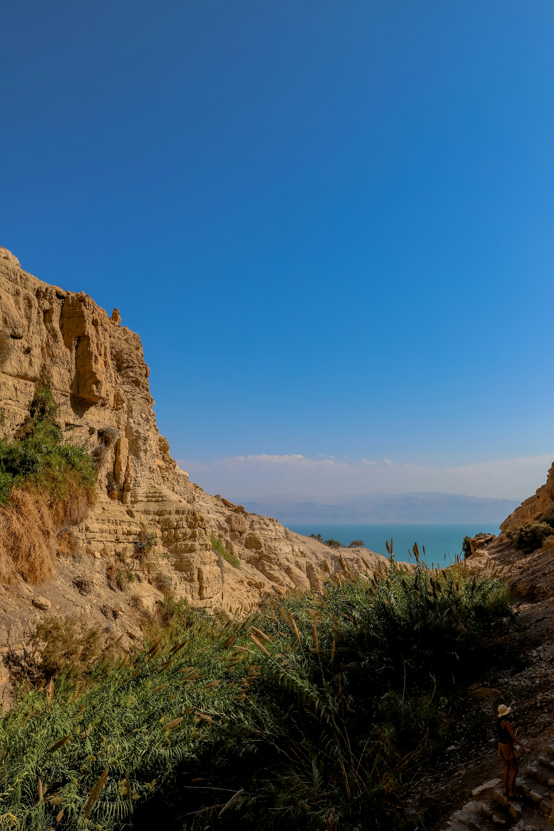 a view of a rocky cliff with a body of water in the distance