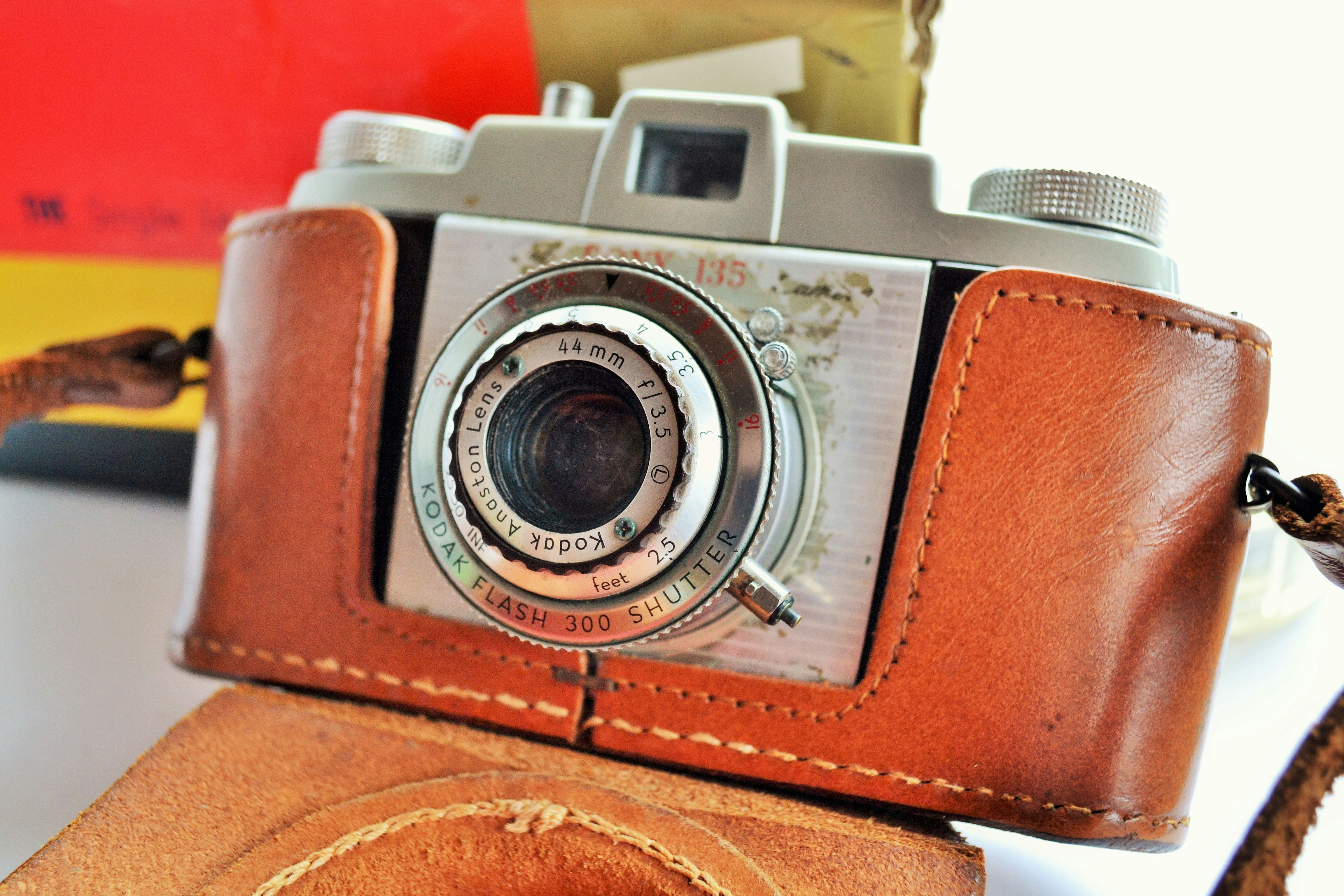 a camera sitting on top of a brown case