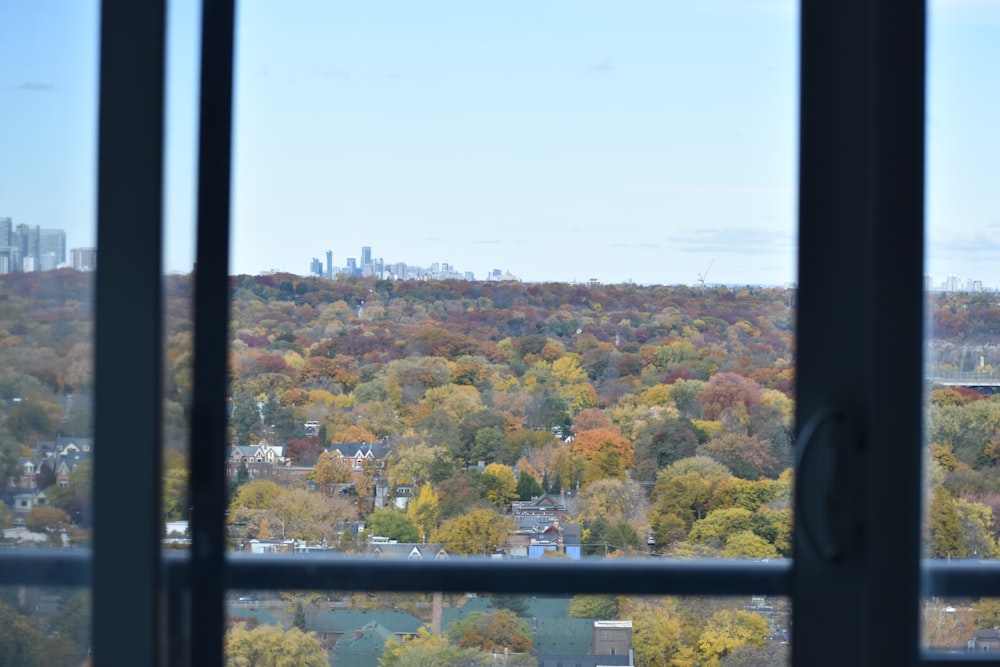 a view of a city through a window