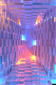 An abstract arrangement of transparent, rectangular blocks creates a tunnel-like structure with dynamic reflections and light refractions. Soft gradients of pink, blue, and orange create an immersive and futuristic atmosphere, with a sense of depth and movement through the reflective surfaces.