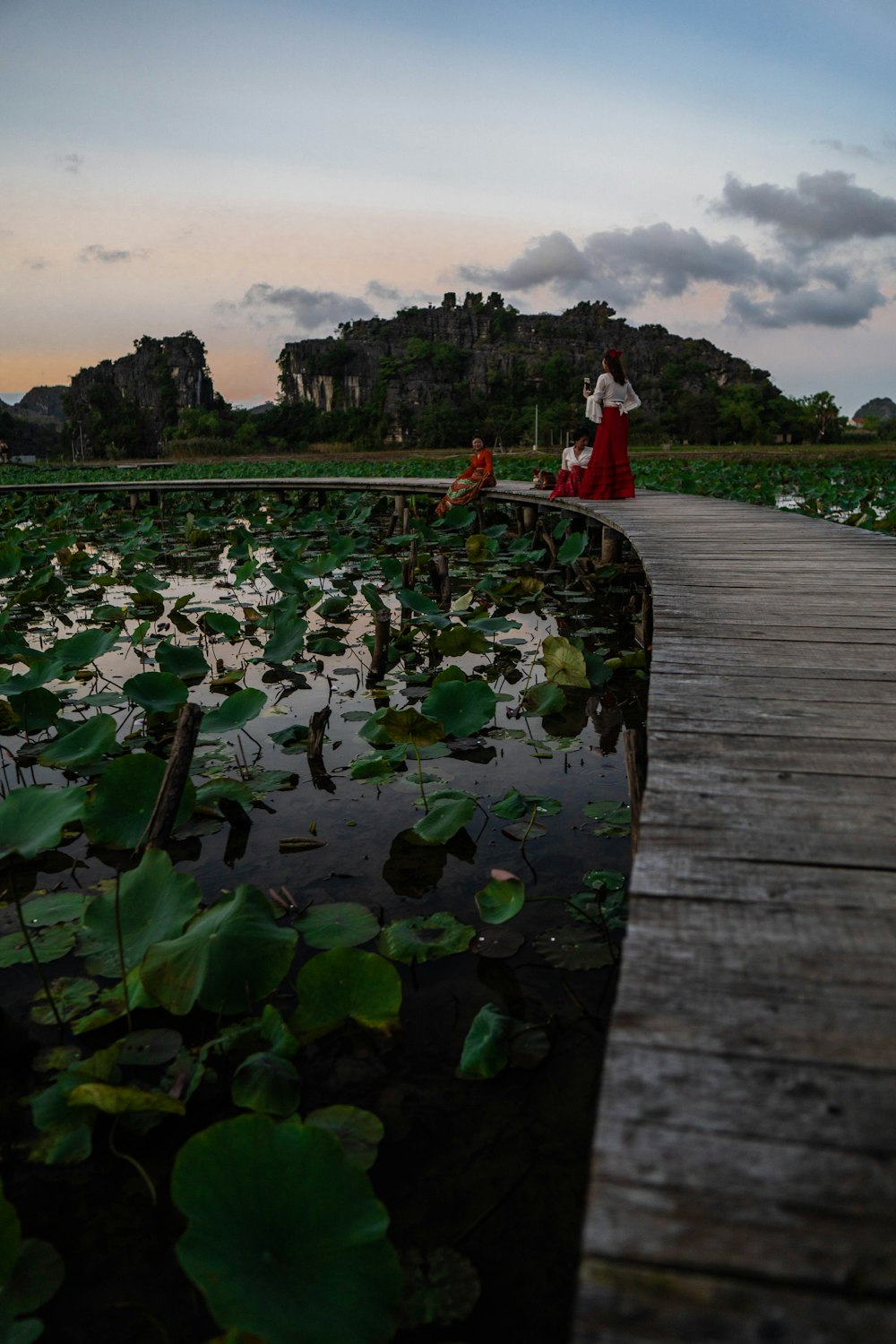 a woman in a red dress is sitting on a dock