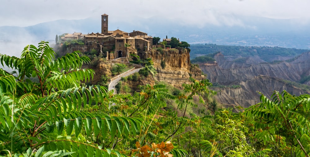 a castle perched on top of a cliff surrounded by trees