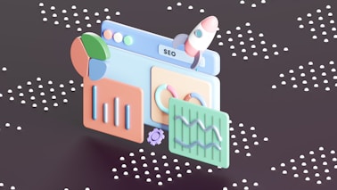 A 3D illustration featuring a web browser interface with the word SEO, various charts and graphs, a pie chart, and a rocket launching from the top of the window. The background is dark with scattered white dots, resembling a starry sky.