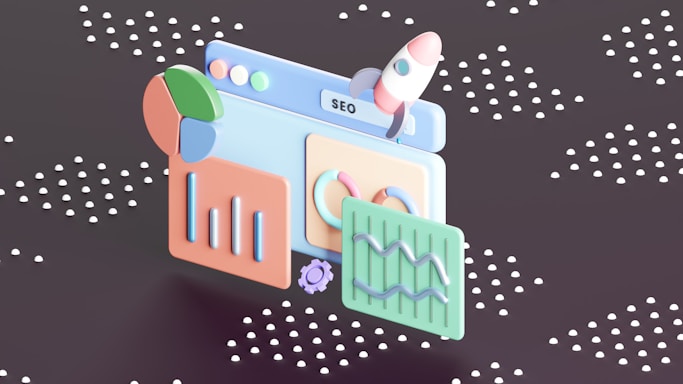 A 3D illustration featuring a web browser interface with the word SEO, various charts and graphs, a pie chart, and a rocket launching from the top of the window. The background is dark with scattered white dots, resembling a starry sky.