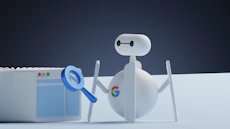 a white robot holding a magnifying glass next to a white box