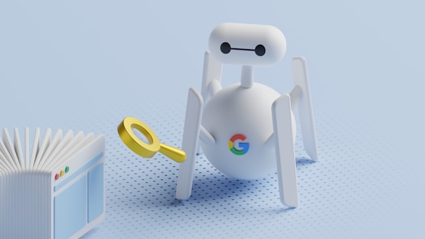a small robot looking at a book with a magnifying glass