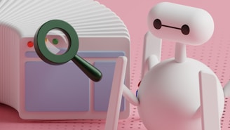 a white robot holding a magnifying glass