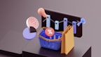 A 3D illustration featuring a variety of shopping and business-related elements. A blue shopping basket is at the center, with a red percentage symbol inside. Nearby, there's a brown paper shopping bag, a pie chart with a target icon, and a light bulb. In the background, there's a bar graph and a megaphone.