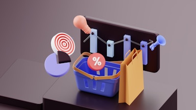 A sleek magnifying glass icon hovering over a shopping bag, symbolizing product search.
