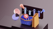 A 3D illustration featuring a variety of shopping and business-related elements. A blue shopping basket is at the center, with a red percentage symbol inside. Nearby, there's a brown paper shopping bag, a pie chart with a target icon, and a light bulb. In the background, there's a bar graph and a megaphone.