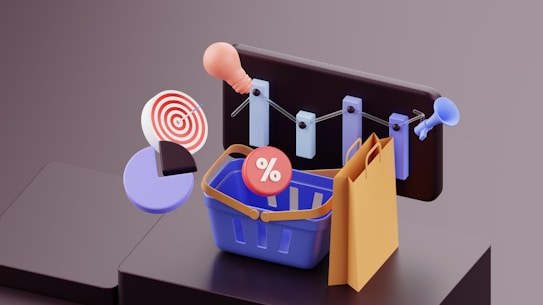 A 3D illustration featuring a variety of shopping and business-related elements. A blue shopping basket is at the center, with a red percentage symbol inside. Nearby, there's a brown paper shopping bag, a pie chart with a target icon, and a light bulb. In the background, there's a bar graph and a megaphone.
