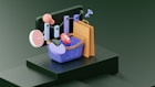 A 3D illustration featuring a series of shopping-related elements such as a shopping basket, a target, a lightbulb, a paper bag, and various charts or graphs. These objects are positioned on a dark green stepped platform, suggesting elements of business and marketing.