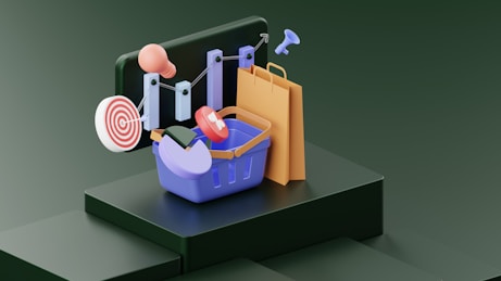A vibrant illustration of online shopping with various digital products.